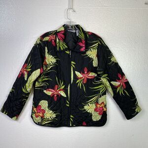 Blair Quilted‎ Floral Silk Jacket Womens Size M Black Green Zip up Long sleeve